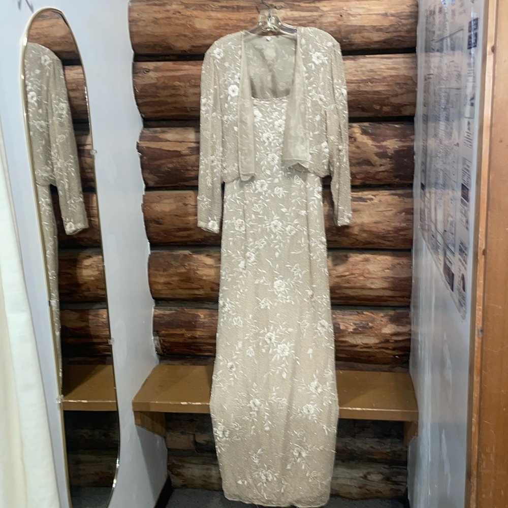 Montage by Mon Cheri Champagne Beaded Lace Maxi Gown with Jacket